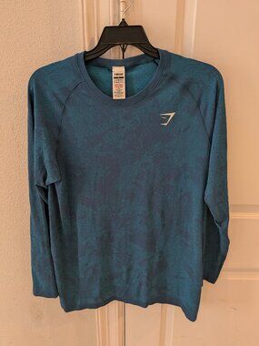Gymshark Shirt Mens XL aqua Crew Long Sleeve Tee Performance Gym Spandex Stretch